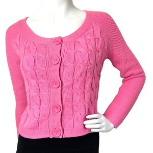 NYC Cable Knit Sweater Crop Womens Size Small Long Sleeve Buttons Pink